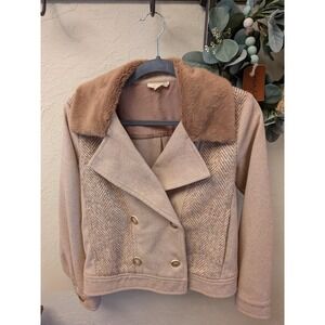 Mystree Tan Herringbone Faux Fur Collar Double Breasted Jacket Womens Small